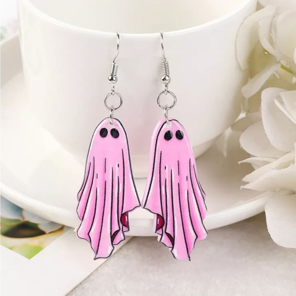 Fashion Pink Pastel Goth Gothic Halloween Ghost Dangle Earrings - Picture 5 of 5
